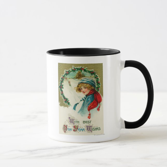 With Best New Year Wishes Sledding Scene Mug (Right)