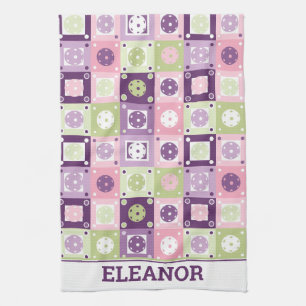 With custom name Green and purple Pickleballs Tea Towel