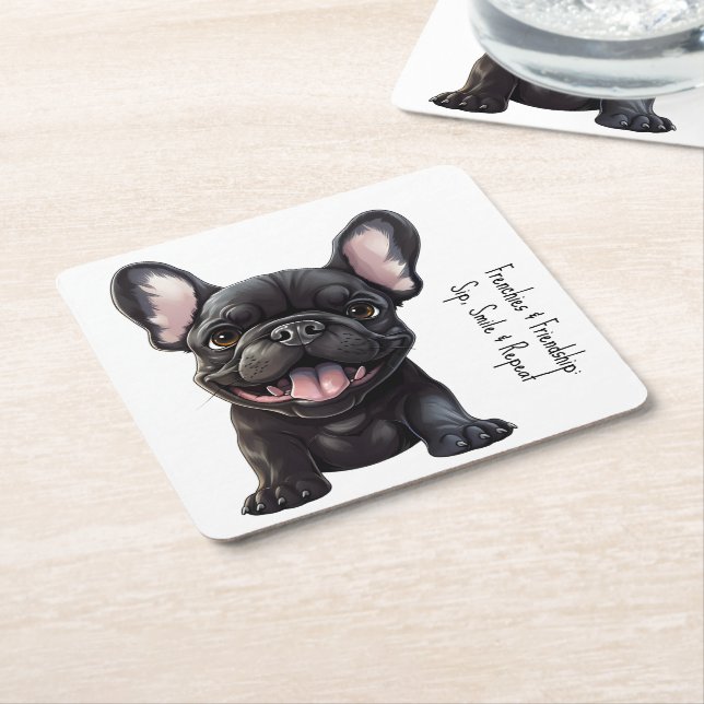 With custom text, 🐶Frenchie puppy Square Paper Coaster (Angled)