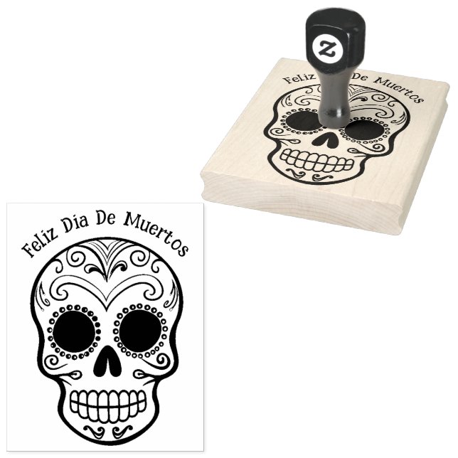 With custom text Sugar Skull  ☠️ Día de Muertos Rubber Stamp (Stamped)