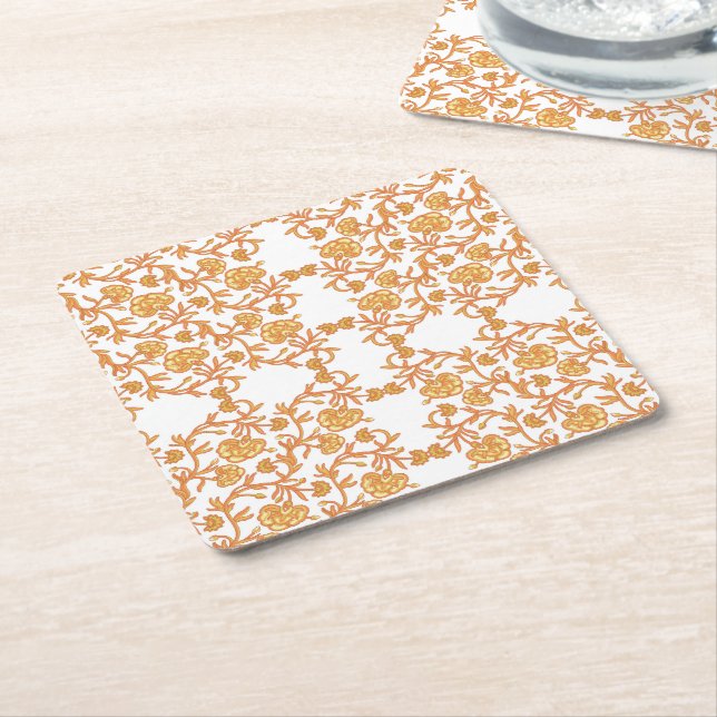 with Elegant Orange and White Floral Wallpaper Square Paper Coaster (Angled)