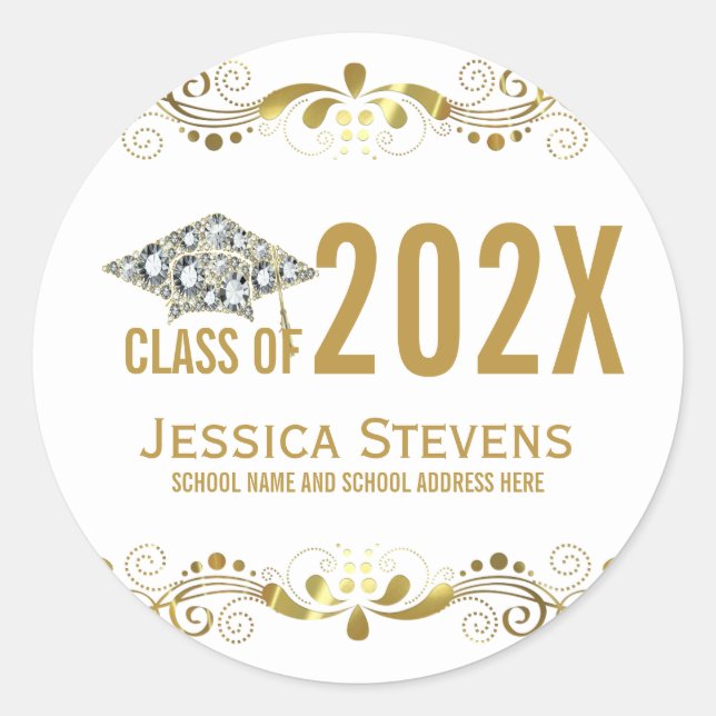  With Faux Gold Lace & Diamonds Grad Hat Square St Classic Round Sticker (Front)