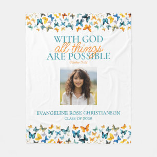 With God All Things are Possible Butterfly Grad  Fleece Blanket
