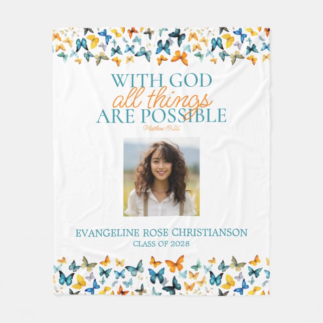 With God All Things are Possible Butterfly Grad  Fleece Blanket (Front)