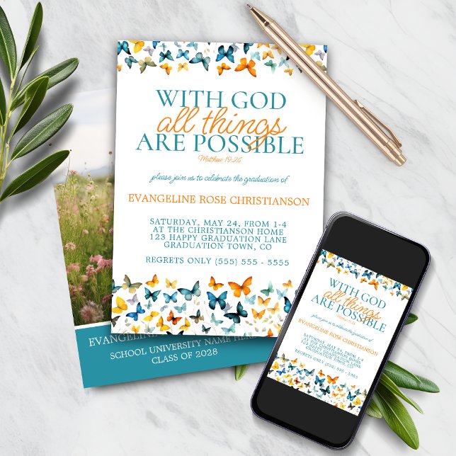 With God All Things are Possible Butterfly Grad  Invitation (Creator Uploaded)