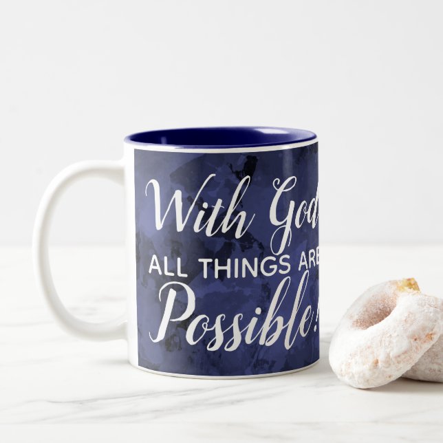With God All Things Are Possible Christian Faith Two-Tone Coffee Mug (With Donut)