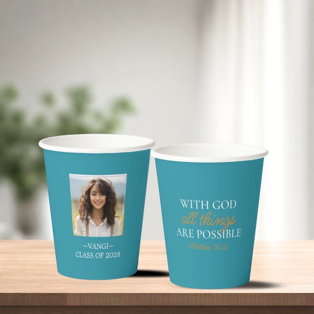 With God All Things Are Possible Teal Pic Grad  Paper Cups (Creator Uploaded)