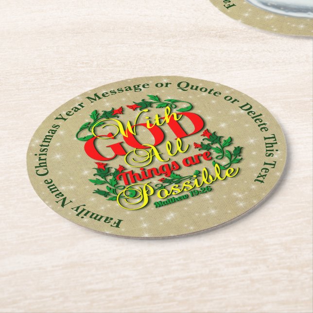 With God All Things Possible Bible Quote Round Paper Coaster (Angled)