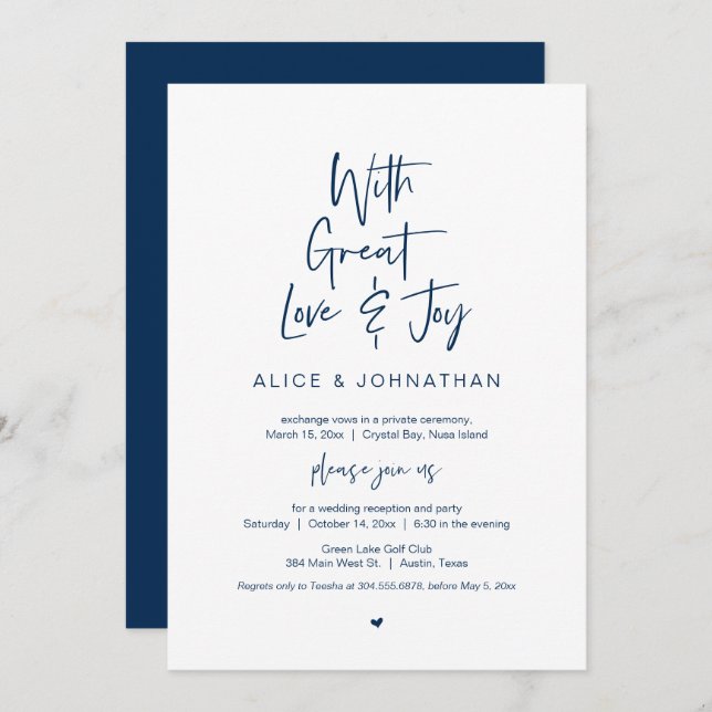 With Great Love, Joy, Navy Blue, Wedding Elopement Invitation (Front/Back)