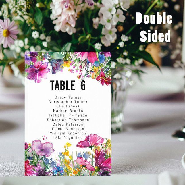 With Guest list 2 sided Meadow Blooms Table Number (With Guest list double sided beautiful watercolor Meadow Blooms Table Number)