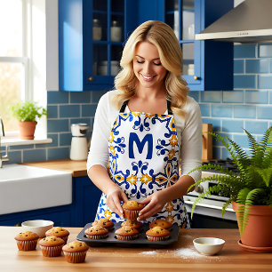 With initial 💛 💙blue and yellow Azulejos Apron