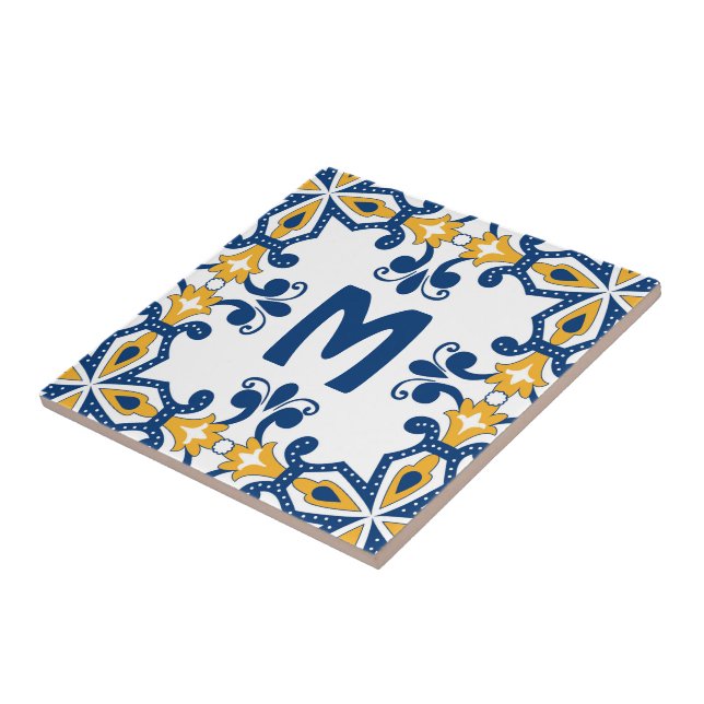 With initial 💛 💙blue and yellow Azulejos  Ceramic Tile (Side)