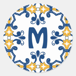 With initial 💛 💙blue and yellow Azulejos Classic Round Sticker
