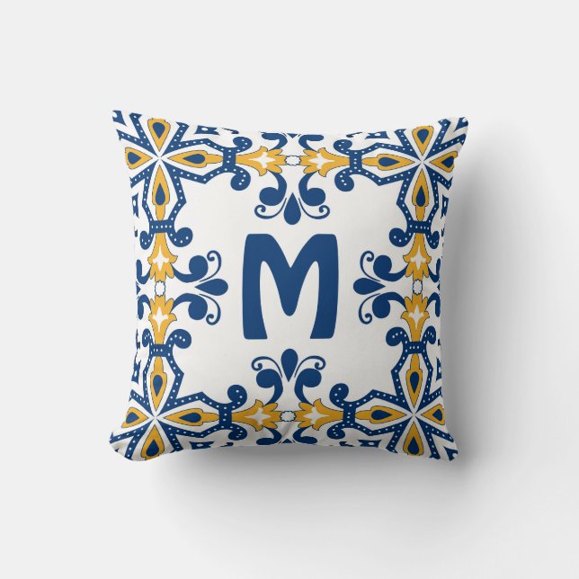 With initial 💛 💙blue and yellow Azulejos,  Cushion (Front)