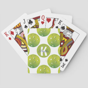With initial / name Lime green pickleballs pattern Playing Cards
