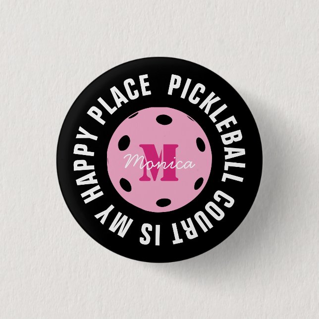 With initial pickleball court is my happy place,   3 cm round badge (Front)