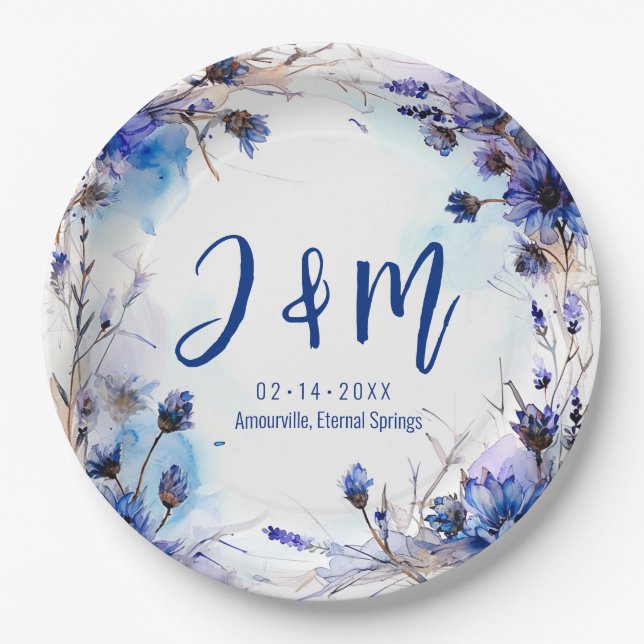 💍With initials Cornflowers and Lavender Elegance Paper Plate (Front)