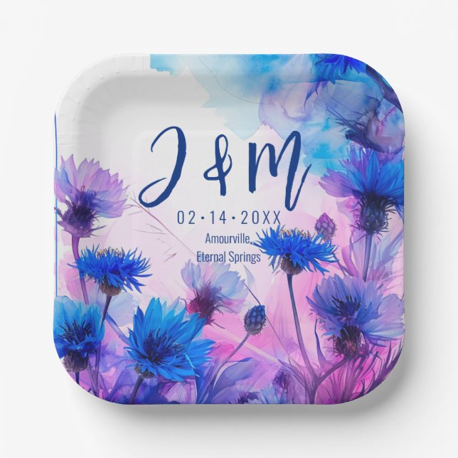 💍 With initials Cornflowers and Lavender Elegance Paper Plate (Front)