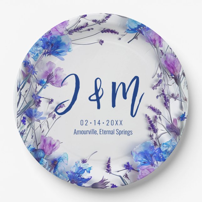 💍With initials Cornflowers and Lavender  Paper Plate (Front)