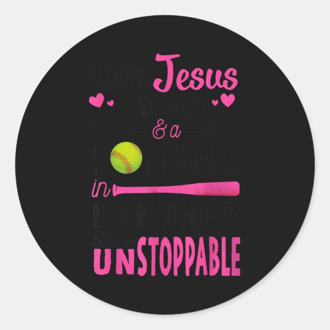 With Jesus In Her Heart And A Softball She Is Unst Classic Round Sticker (Front)