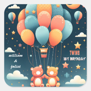 With joint bear Hot Air Balloon Twins 1st Birthday Square Sticker