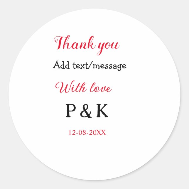 With love add couple name letter thank you add dat classic round sticker (Front)