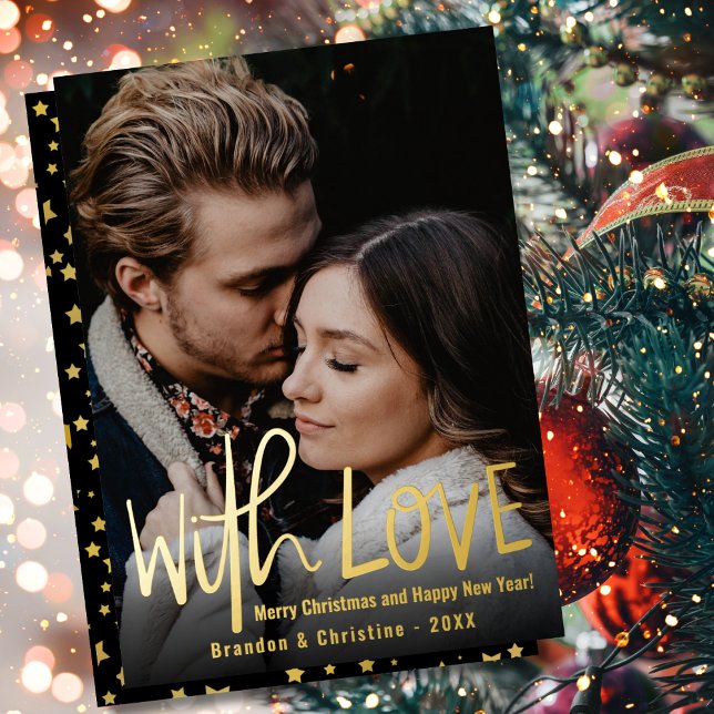With Love Black Gold Stars Photo Merry Christmas Foil Holiday Card (Creator Uploaded)
