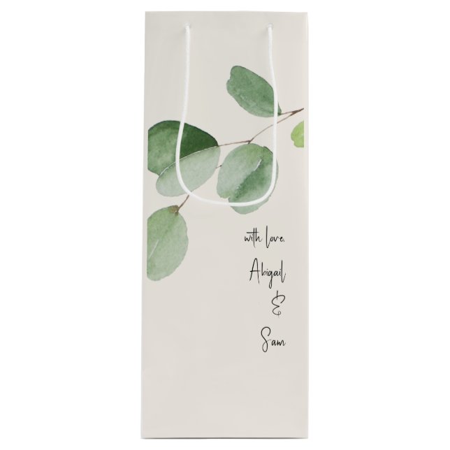 With Love, Custom Names Eucalyptus Cream Wedding  Wine Gift Bag (Front)