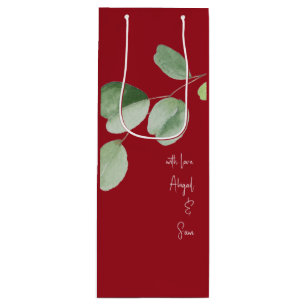 With Love, Custom Names Eucalyptus Red Wedding Wine Gift Bag
