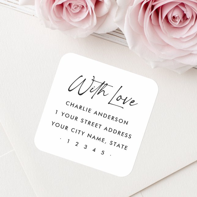 With love elegant script return address square sticker (With love elegant script return address square sticker)
