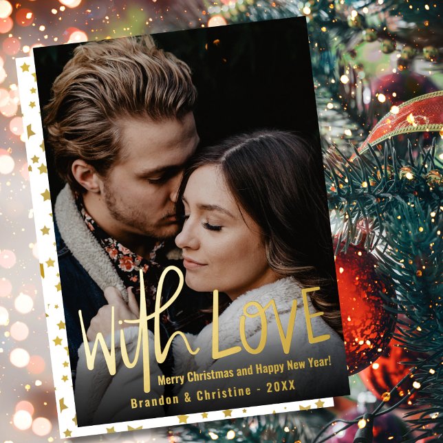 With Love Foil Gold Stars Photo Merry Christmas Foil Holiday Card (Creator Uploaded)