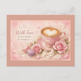 With Love Pink Teacup Latte and Roses Postcard