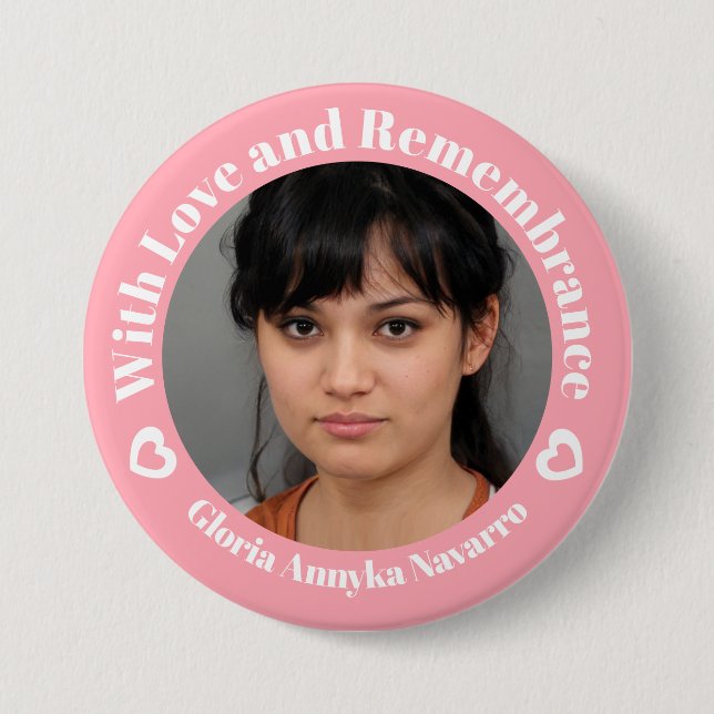 With love pink two white hearts photo remembrance 7.5 cm round badge (Front)