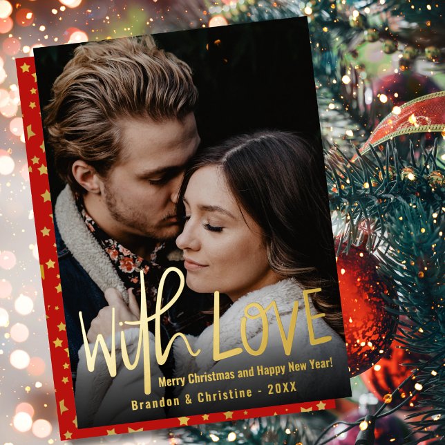 With Love Red Gold Stars Photo Merry Christmas Foil Holiday Card (Creator Uploaded)