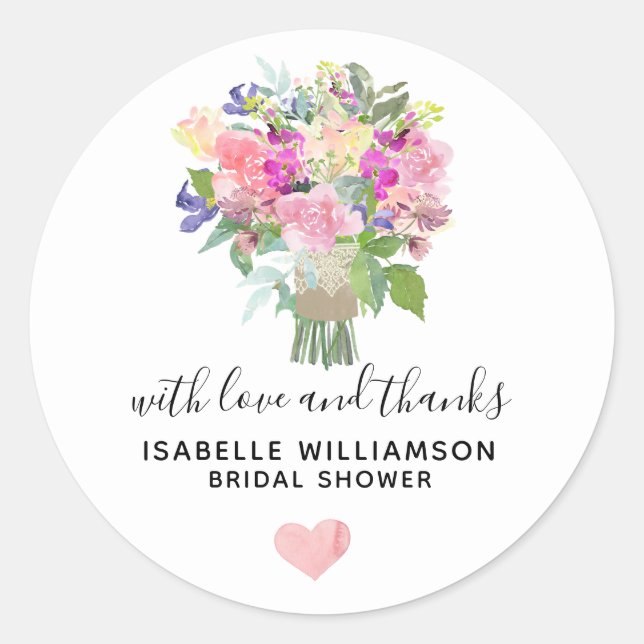 With Love & Thanks Bridal Shower Flowers & Heart Classic Round Sticker (Front)
