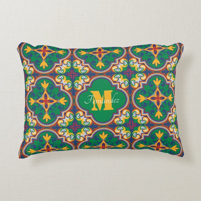 With monogram Azulejos,  pattern from Lisbon Decorative Cushion (Front)