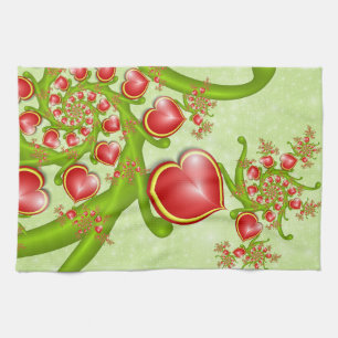 With much Love Red Yellow Hearts Fractal Art Tea Towel