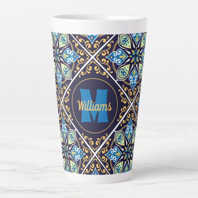 With name and initial Oriental tiles, Azulejos  Latte Mug (Front)