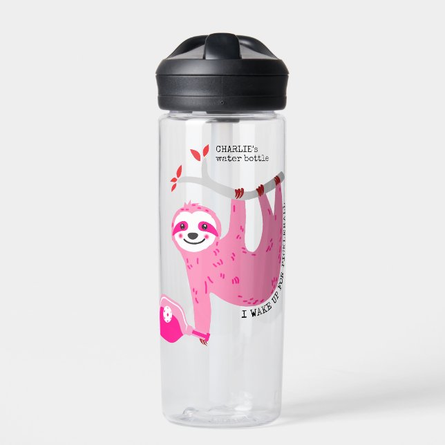 With name 🦥 Cute Pink pickleball sloths 🦥 Water Bottle (Front)