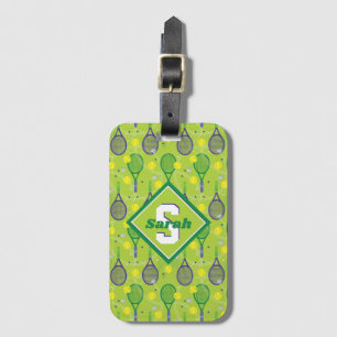 With name & initial, green & purple tennis racket luggage tag