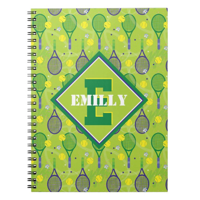 With name & initial, green & purple tennis racket notebook (Front)