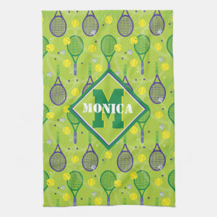 With name & initial, green & purple tennis racket  tea towel
