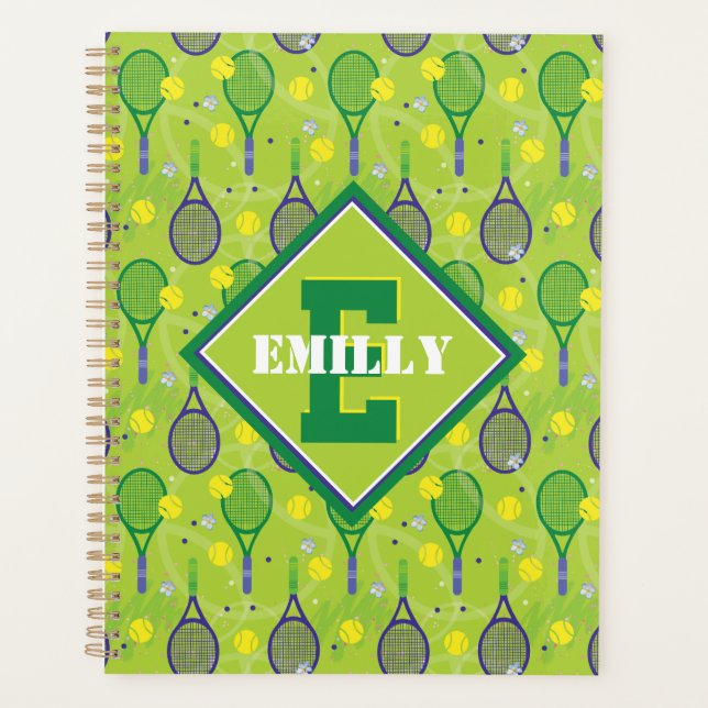 With name & initial, green & purple tennis rackets planner (Front)