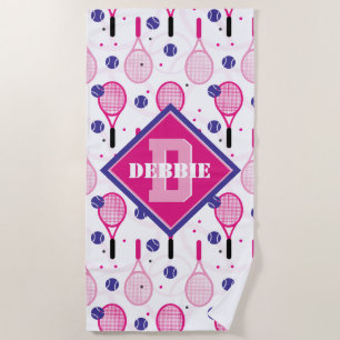 With name & initial, pink & purple tennis rackets beach towel