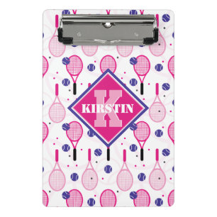 With name & initial, pink & purple tennis rackets mini clipboard