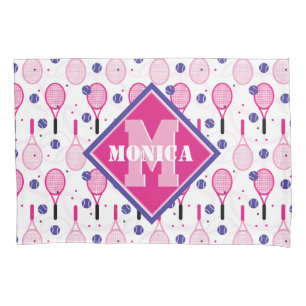 With name & initial, pink & purple tennis rackets  pillowcase
