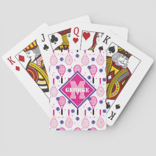 With name & initial, pink & purple tennis rackets playing cards