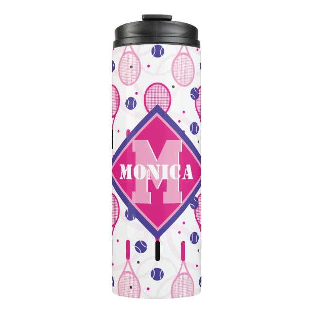 With name & initial, pink & purple tennis rackets thermal tumbler (Front)