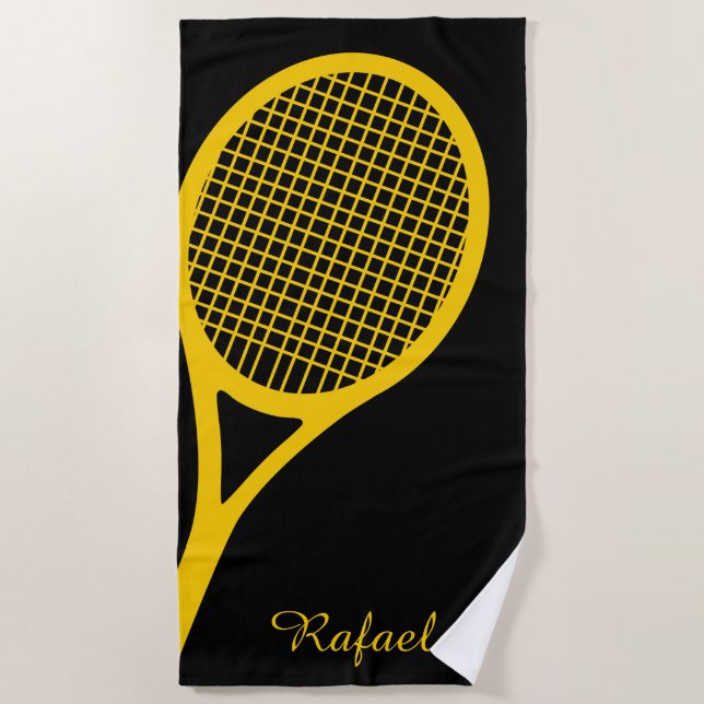With name Yellow🎾tennis racket Beach Towel (Front)