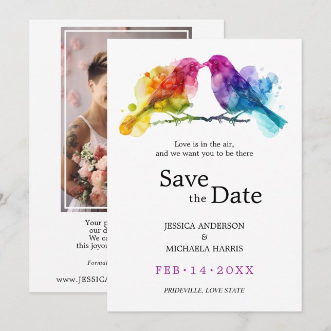 With Photo LGBTQ+  Rainbow Lovebirds Save The Date (Front/Back)